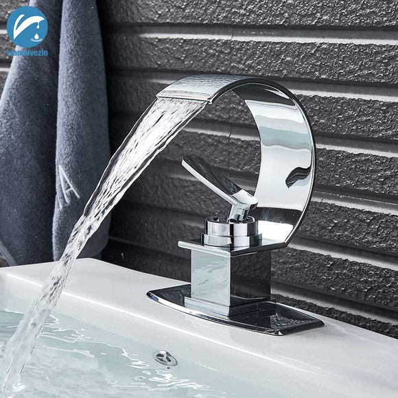 Copper Single Hole Dual Handles Hot and Cold Basin Mixer Faucet Creative Waterfall Water Outlet Bathroom Vessel Sink Mixer Taps