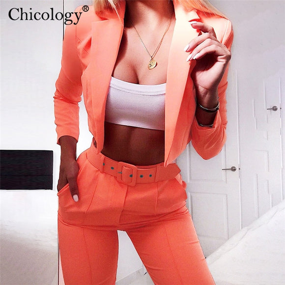 Chicology crop blazer top belt high waist pant 2019 summer sexy 2 piece co ord set office women suit neon lady business clothing