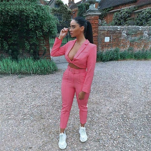 Chicology crop blazer top belt high waist pant 2019 summer sexy 2 piece co ord set office women suit neon lady business clothing