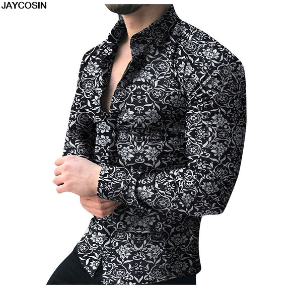 KLV Blouse SUMMER Fashion Men's Casual Printed Floral Long Sleeve Button Top Blouse Cloth Casual Collar Male Blouse 9515