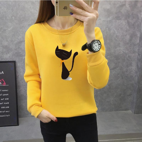 2019 New Women Autumn Velvet Sweatshirts Fashion Printed Animal Cat Female Clothing Casual Ladies Pullover Top Long Sleeve Shirt