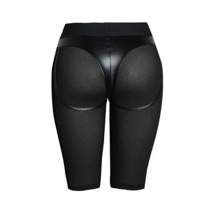 NORMOV Sexy Leather Short Leggings Women Mesh Workout Fitness Legging Push Up Short Leggings Patchwork Black Jeggings