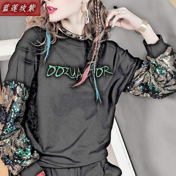 Sequins long sleeve pullover 2019 new autumn clothing women's fashion O-neck casual Street clothes Lady's clothes female