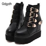 Gdgydh 2019 Autumn Women Ankle Boots Round Toe Gold Metal Buckles Short Boots Increasing High Heels Platform Female Boots Shoes