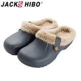 JACKSHIBO Men Slippers High Quality PU Leather Winter Home Slippers Short Plush Flat Heel male Slipper Warm Indoor Slide Shoes