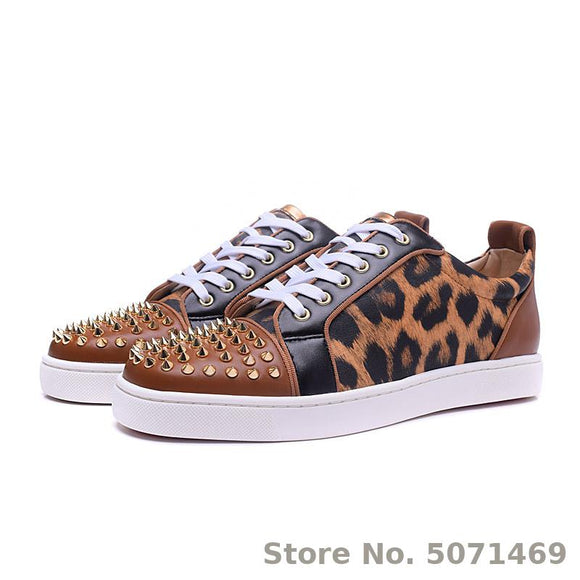 2019 Low Top Loafers Men Brand Designer Shoes Mens Red Bottom Sneakers Luxury Spikes Leopard Casual Shoes Men Large Size 46