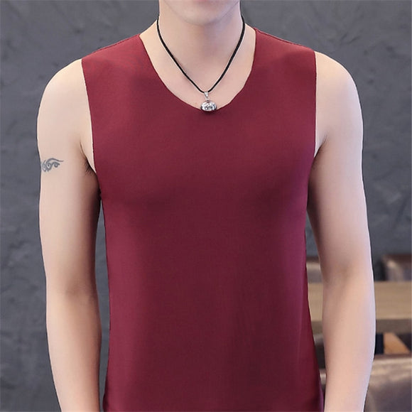 New summer men's vest no trace ice silk solid color base handsome trend comfortable breathable cool large size vest shirt