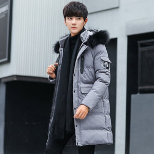 Casual Solid  Zipper Mens Winter Long Jackets and Coats Hat Detachable  Warm Parkas Coat Turn-down Collar Thick Men Clothes 2018