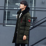 Casual Solid  Zipper Mens Winter Long Jackets and Coats Hat Detachable  Warm Parkas Coat Turn-down Collar Thick Men Clothes 2018