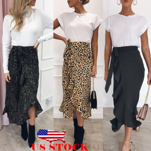 Hot Sale 2019 New Slim Fashion Casual Women Leopard Print Boho Wrap Over Aysmmetric Loose Skirt Summer High Waist Midi Skirts