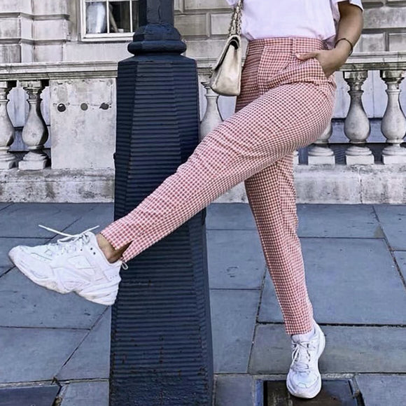 Klacwaya fashion women pink plaid long pants 2019 office ladies elegant straight trousers girls street-wear slim pantalon femme