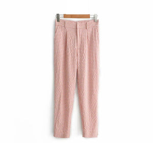 Klacwaya fashion women pink plaid long pants 2019 office ladies elegant straight trousers girls street-wear slim pantalon femme