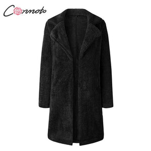 Conmoto Women Winter Suede Jacket 2019 Fashion High Street Caramel Long Coat Female Long Sleeve Faux Fur Coat Mujer Chic Jacket