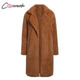 Conmoto Women Winter Suede Jacket 2019 Fashion High Street Caramel Long Coat Female Long Sleeve Faux Fur Coat Mujer Chic Jacket