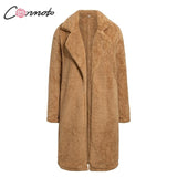 Conmoto Women Winter Suede Jacket 2019 Fashion High Street Caramel Long Coat Female Long Sleeve Faux Fur Coat Mujer Chic Jacket