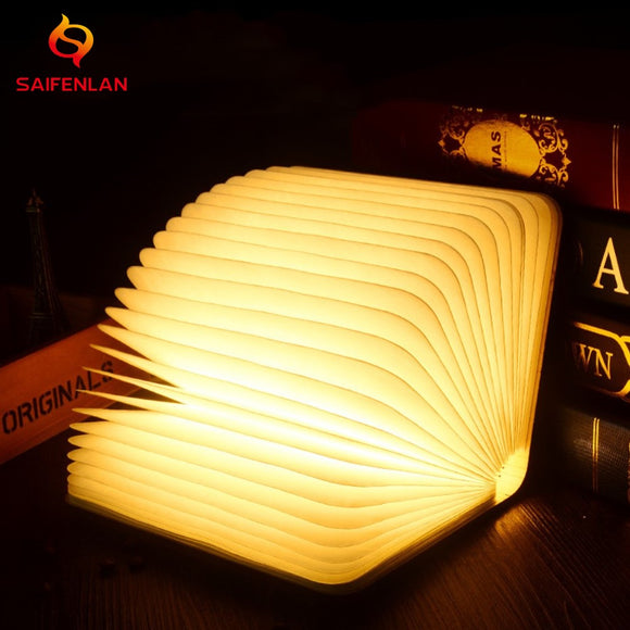 USB Rechargeable Nightlight Warm White LED Wooden/Leather Foldable Mini Book Shape Light Desk Night Lamp for Living Room Decor