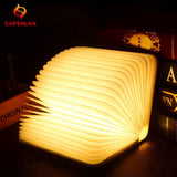 USB Rechargeable Nightlight Warm White LED Wooden/Leather Foldable Mini Book Shape Light Desk Night Lamp for Living Room Decor